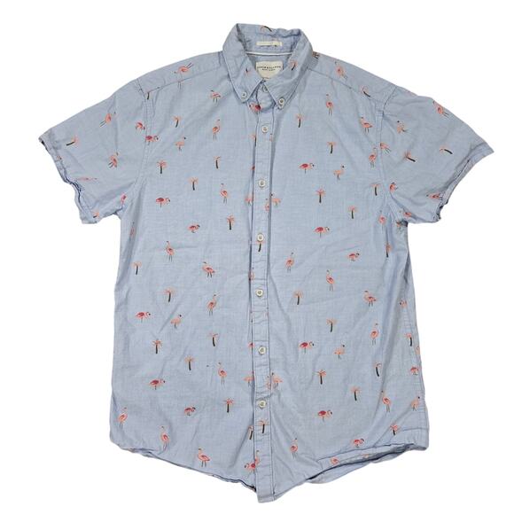 Denim & Flower Mens SM Short Sleeve Button Up Shirt Flamingo Palm Tree Tropical - Picture 1 of 9